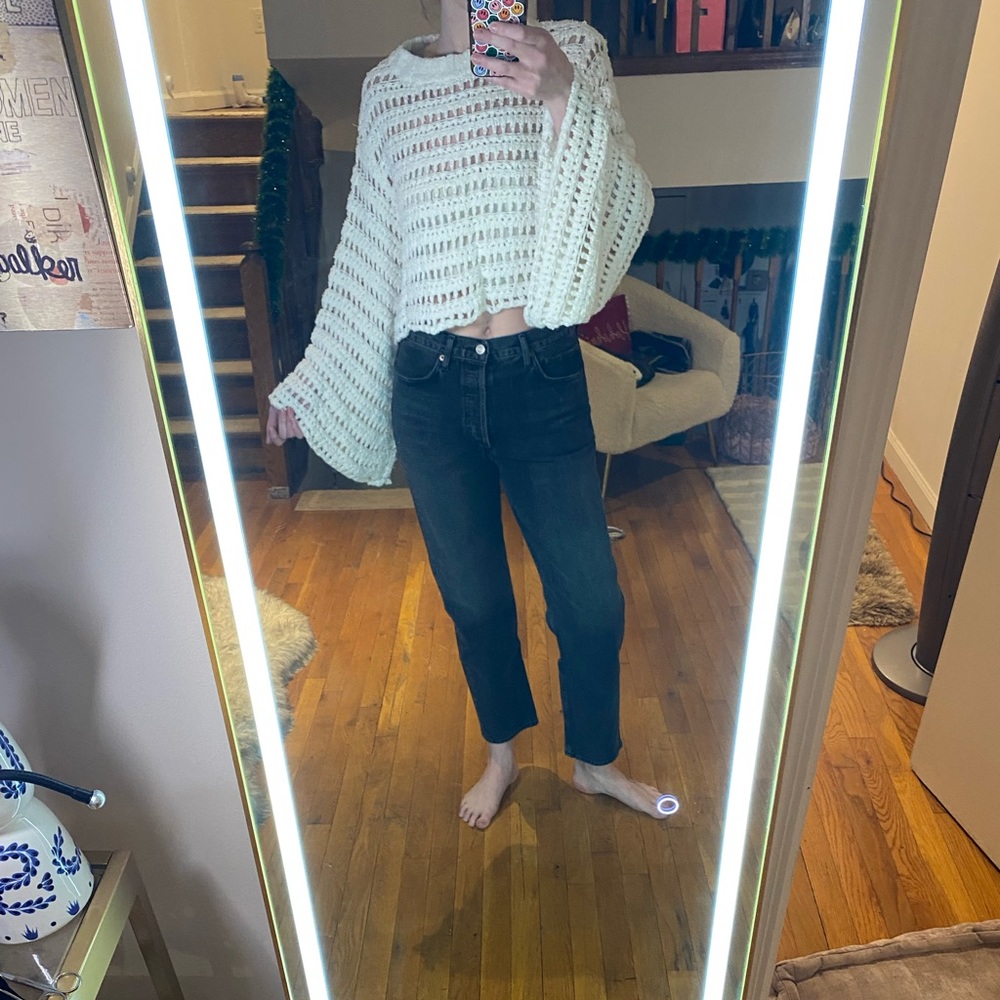 Free People Woven White Sweater - cropped, size small